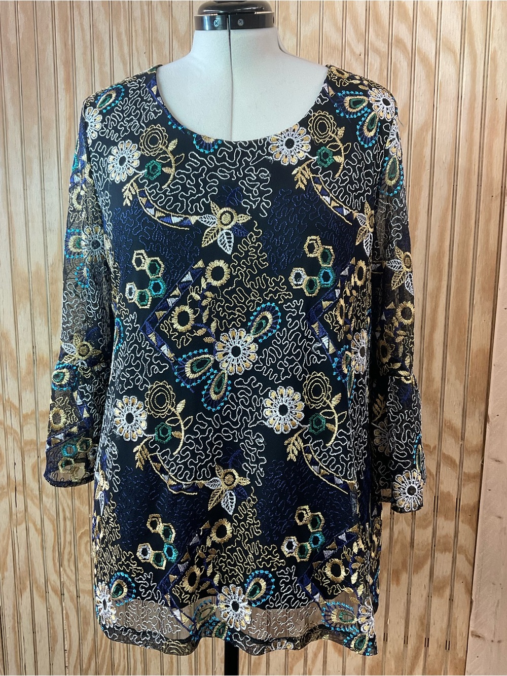 Alfani Embroidered Floral Lace Tunic with Gold & Teal Accents